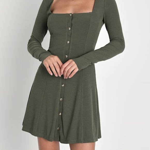 Lulus Simply Favored Olive Green Ribbed Long Sleeve Mini Dress - Size M - Picture 1 of 4